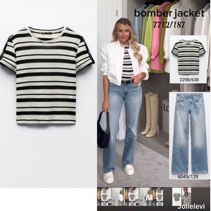 Zara Tabbed Striped Rustic T Shirt Turned up short Black White